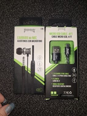 PUGG Earbuds w/ Mic & Micro USB Cable - Black/Green Accents